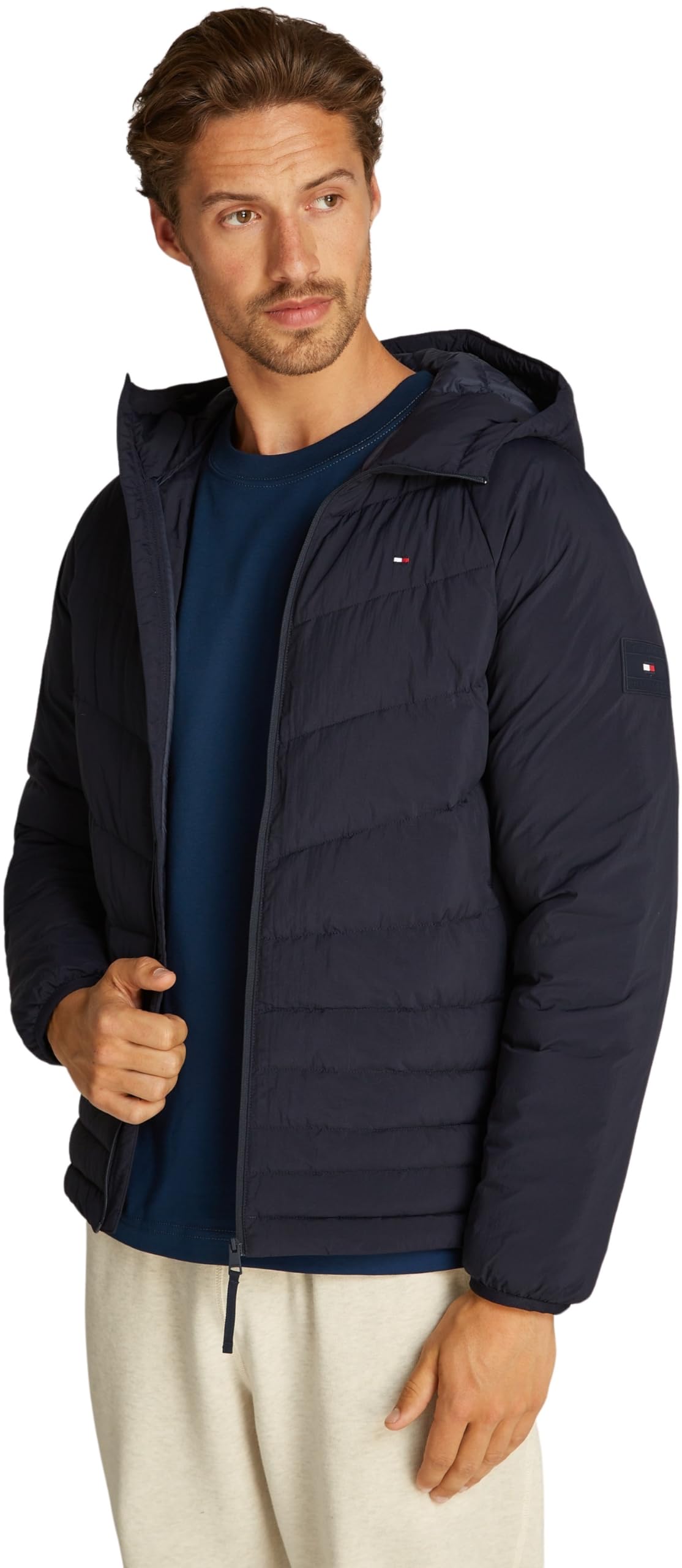 Tommy Hilfiger Cazadora acolchada Hombre Mid Quilt con capucha, Azul (Desert Sky), L