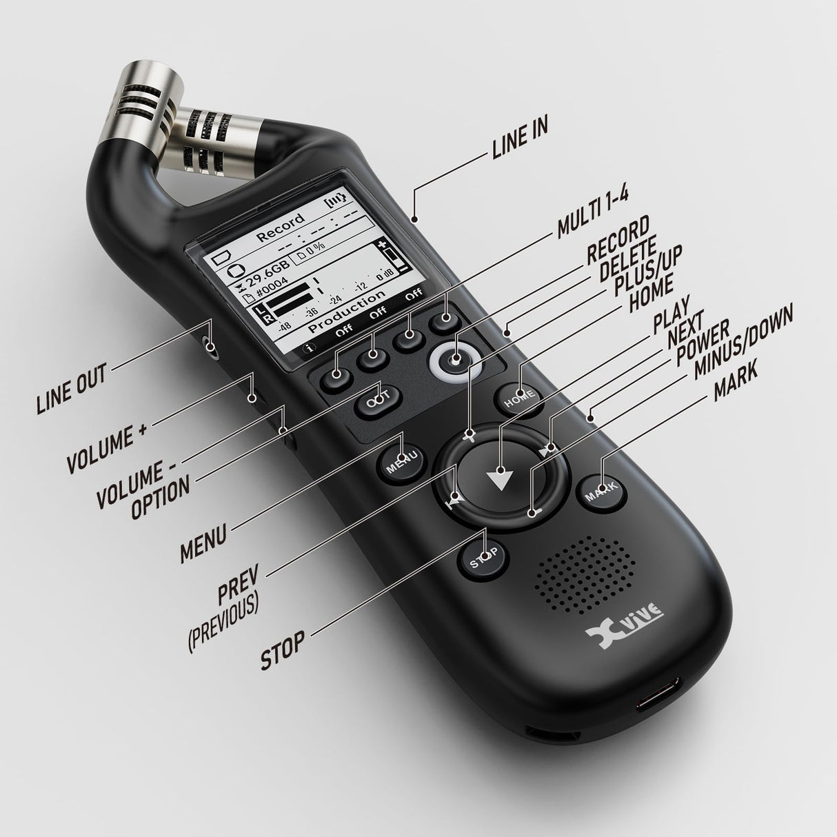 Xvive - Grabadora de mano digital XV1-R con micrófonos integrados - grabación wav mono estéreo