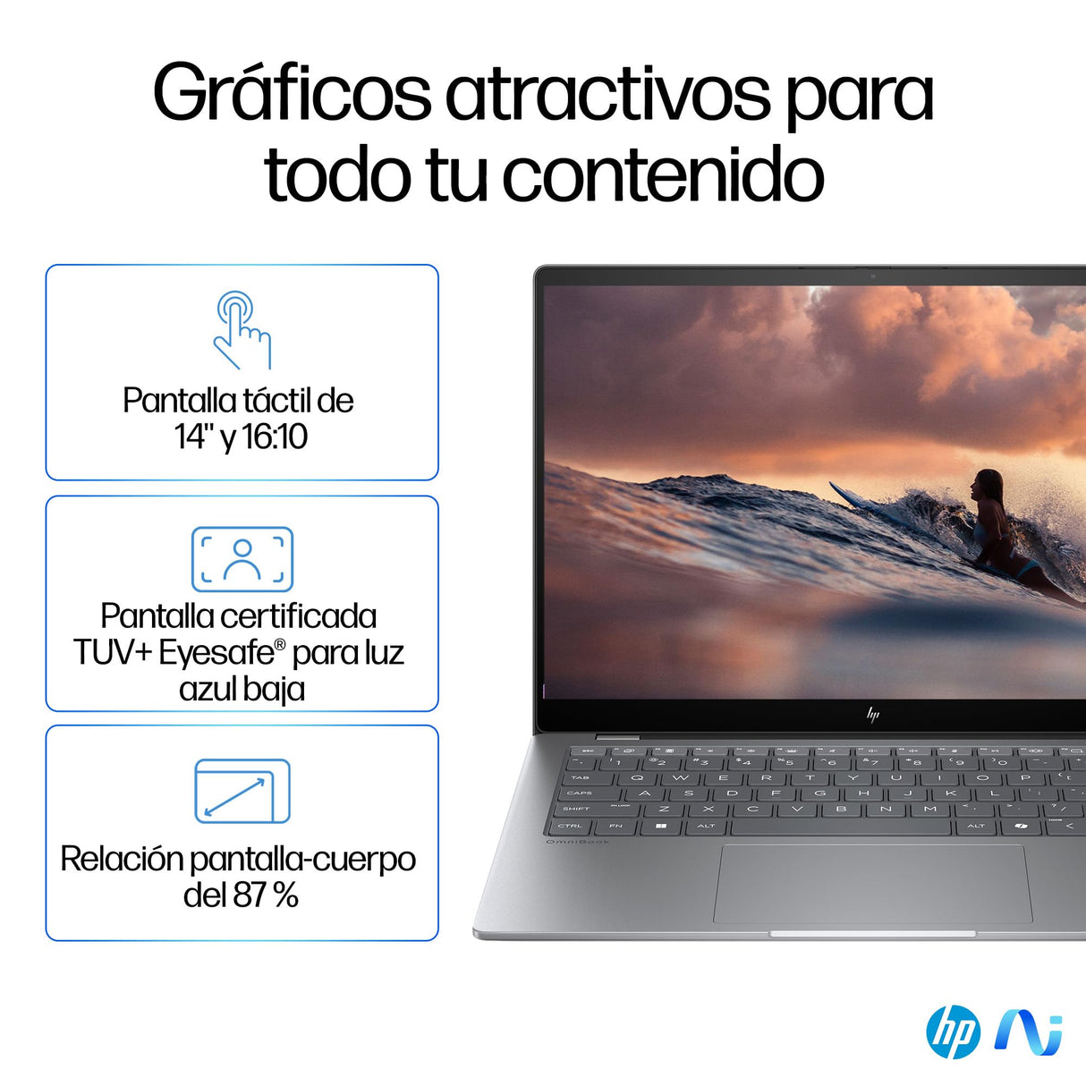 HP OmniBook X AI 14-fe0001ns - Ordenador portátil IA de 14" 2.2k multitáctil QC Snapdragon X1E-78-100, 32 GB RAM, 1TB SSD, Snapdragon X Elite, Windows 11 Gris - Teclado QWERTY Español, 1000GB, 32GB