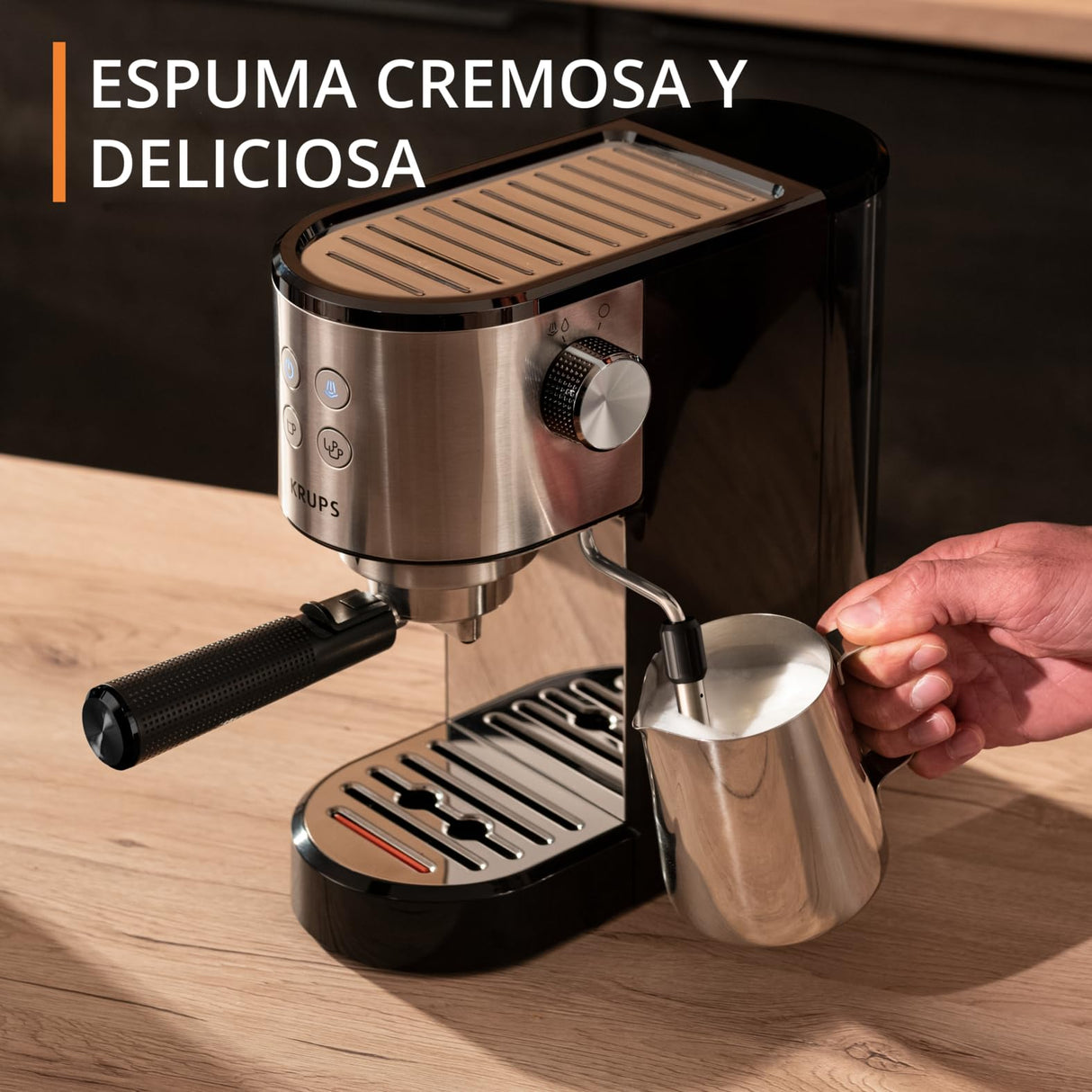 Krups Virtuoso Essential - Cafetera espresso 15 bar, acero inox negro, diseño compacto y elegante, parada automática, espresso y cappuccino, Thermoblock, boquilla de vapor, incluye cuchara, XP4418