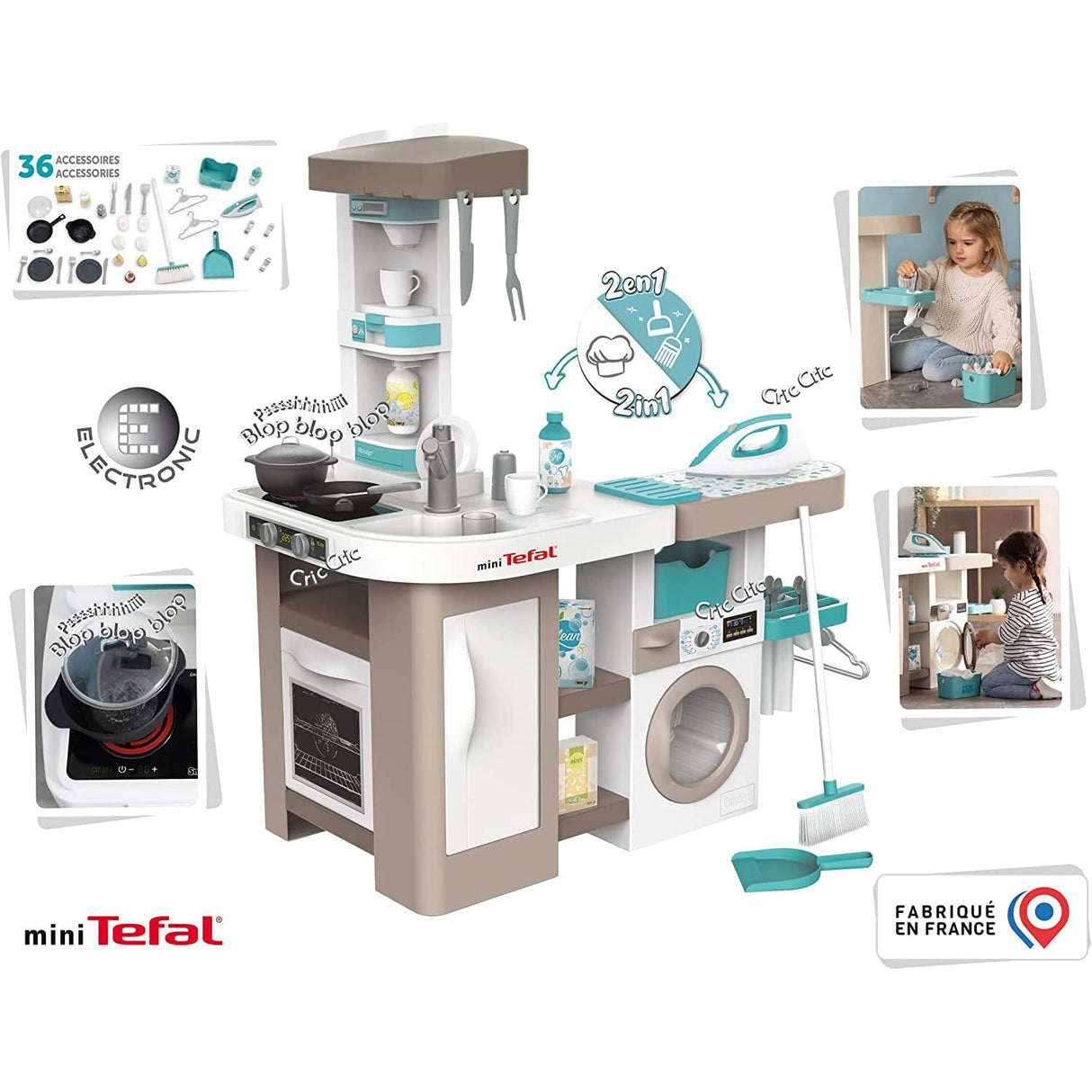 Smoby- Cocina de Juguete Cleaning, 2-en-1, con Funciones de Cocina y Limpieza, con Lavadora, Tendedero, Plancha, Adecuado a Partir de 3 Años (7600311050)