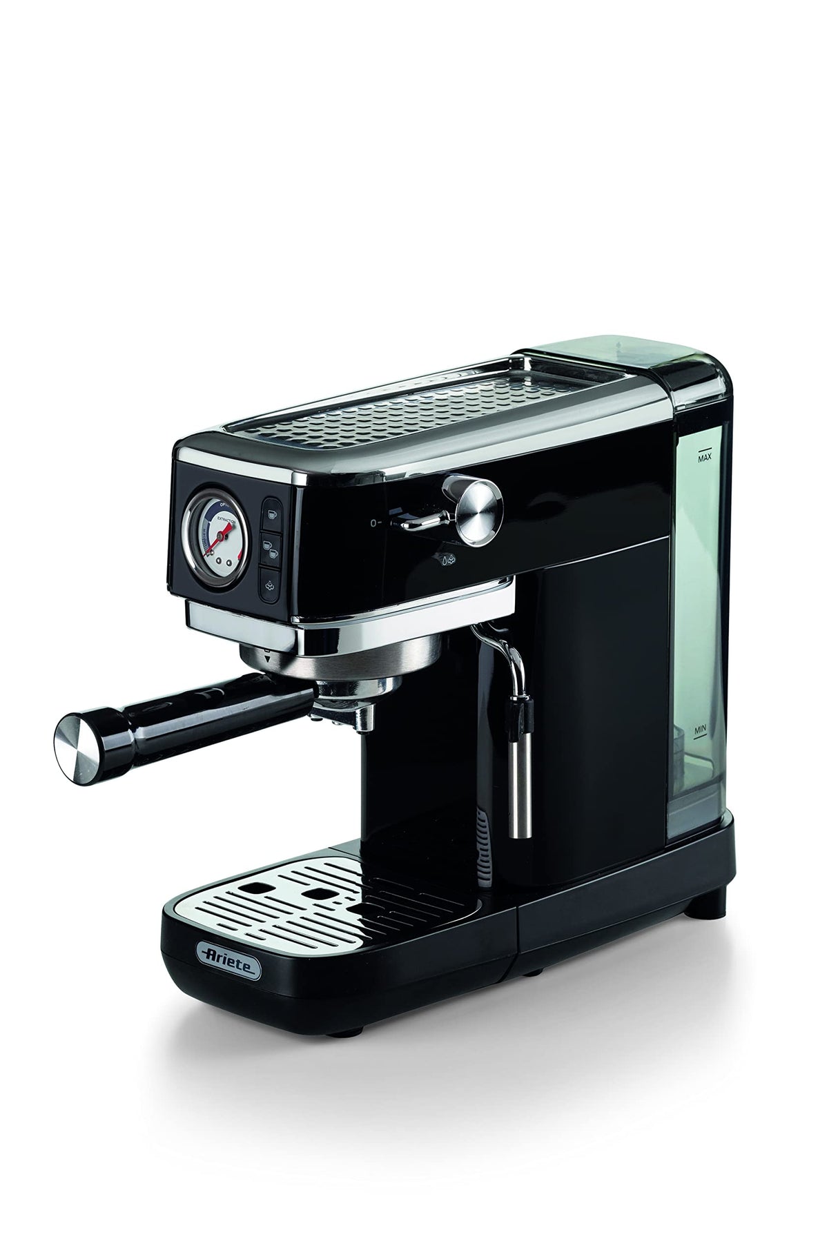 Ariete 1381 - Cafetera con manómetro, compatible con café en polvo y pastillas ESE 1300 W, capacidad 1,1 l, filtro a presión 15 bar, dispositivo capuchino de ½ tazas, color negro