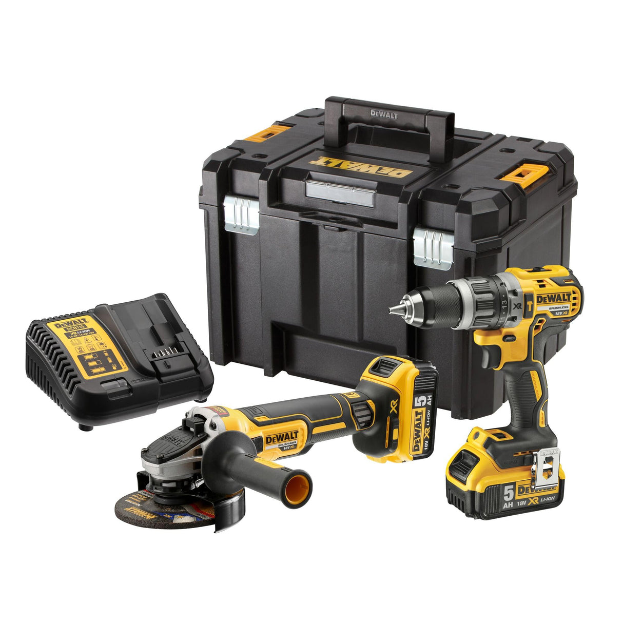 DEWALT DCK2080P2T-QW - Kit XR 18V con Taladro Percutor XR 18V DCD796, Amoladora XR 18V DCG405, 2 Baterías carril de litio 5Ah DCB184 y Maletín TSTAK II