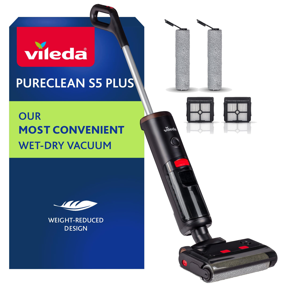 Vileda PureClean S5 | Aspiradora en seco y húmedo inteligente e inalámbrica | Ligera para un manejo sencillo | Con depósito dual para una separación entre agua limpia y sucia | Función de autolimpieza