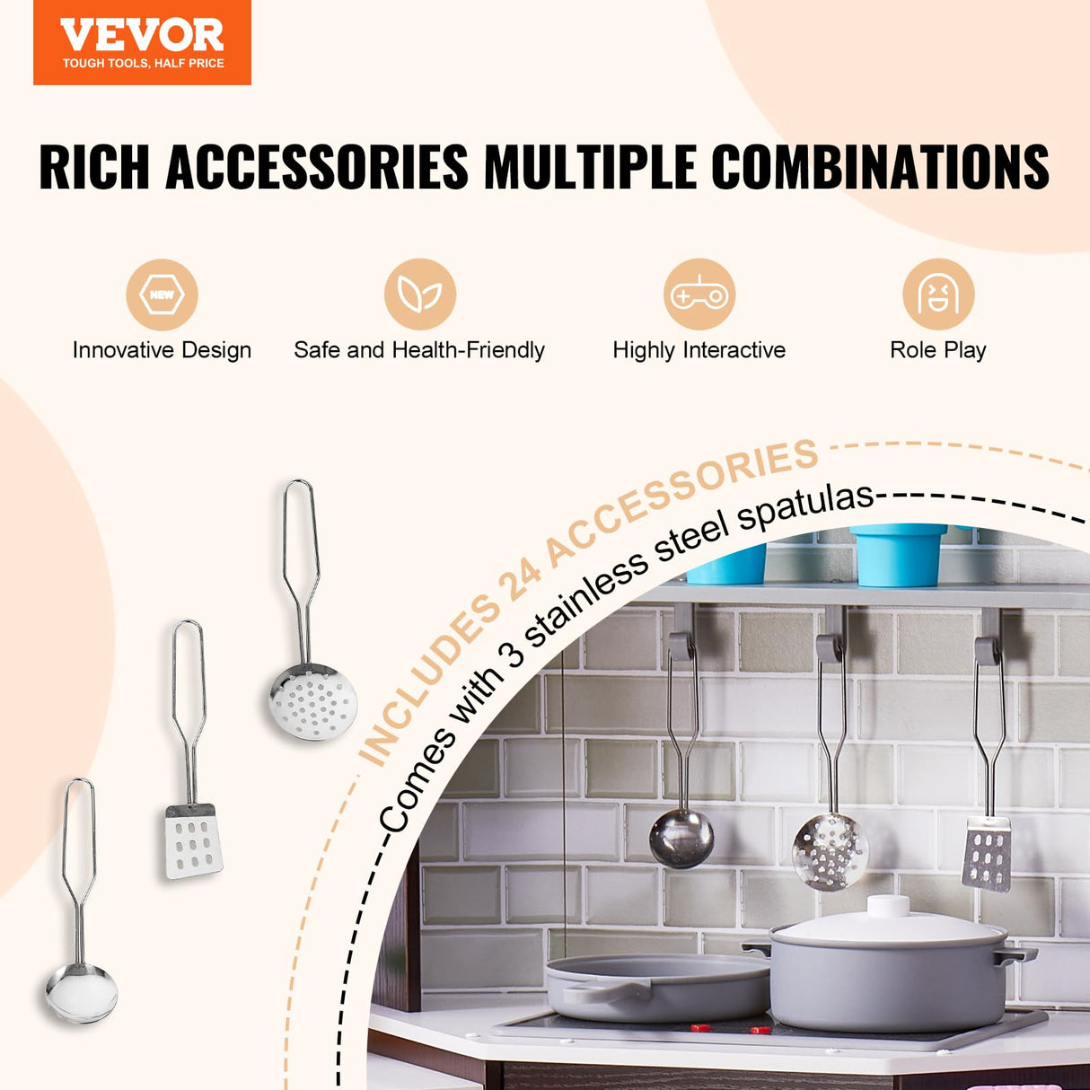 VEVOR Juego de Cocina de Madera de Esquina con Luces y Sonidos, Cocina con Máquina de Hielo, Horno, Fregadero, Reloj, Microondas, Refrigerador y Accesorios para Niños Pequeños y Preescolares, Marrón