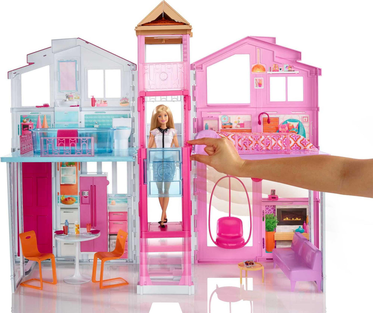 Barbie Supercasa, casa de muñecas con Accesorios , con Cuatro Habitaciones, terraza en la azotea, Detalles realistas, Piscina y Muebles, DLY32