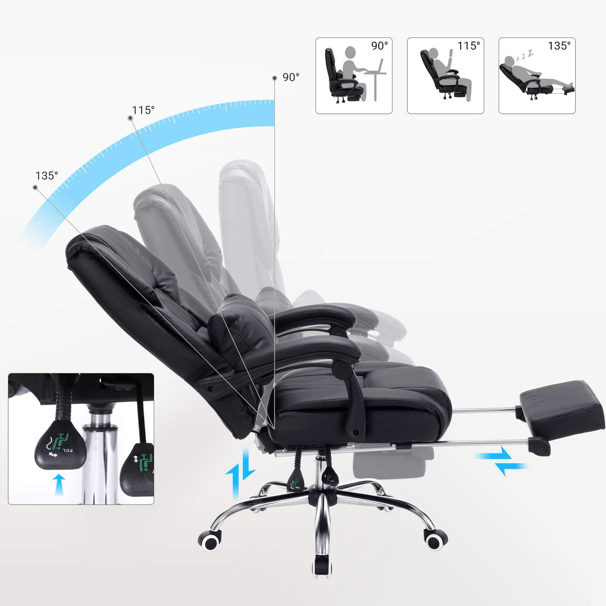 SONGMICS Racing Silla de Escritorio computadora Oficina Ergonómica con reposapiés Plegable PU Metal Cromado Negro 150 kg OBG71B