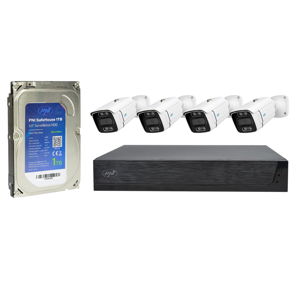 PNI House IPMAX PoE 3LR Kit de videovigilancia, NVR con 4 Puertos PoE con 4 cámaras IP de 3 MP, Exterior y Disco Duro PNI SafeHouse de 1 TB Incluido