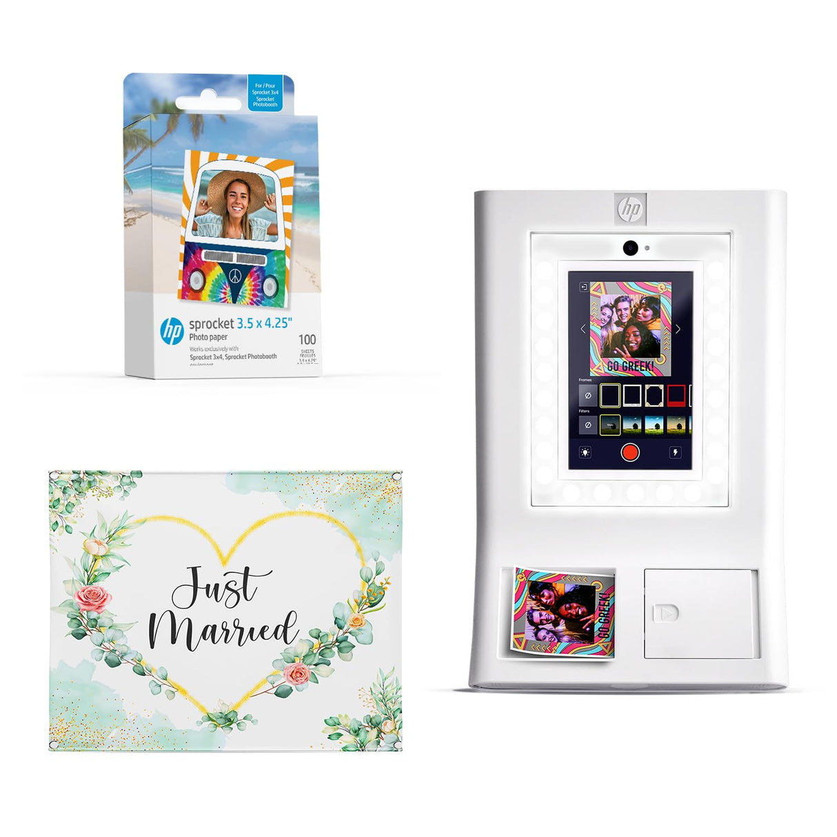 HP Sprocket Cabina fotográfica Impresora instantánea de Color (Blanca) + Papel Zink (100 Hojas) + Fondo fotográfico de Boda (1)