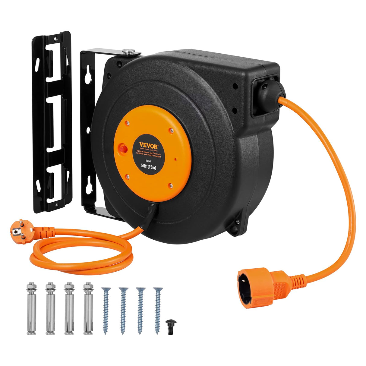 VEVOR Carrete de Cable de Extensión Retráctil 15 m 1600 W con Cable de Alimentación de 1 m Protección contra Sobrecalentamiento Carcasa de PP, Soporte Giratorio de 180° para Montaje en Techo, Pared