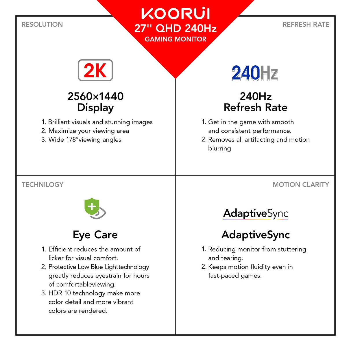 KOORUI Monitor 27 Pulgadas,Monitor Gaming 240Hz, Pantalla Ordenador QHD2560 x 1440p,1ms, HDR10, 90% DCI-P3, Adaptive Sync, VESA 75 * 75mm, Negro