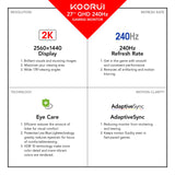 KOORUI Monitor 27 Pulgadas,Monitor Gaming 240Hz, Pantalla Ordenador QHD2560 x 1440p,1ms, HDR10, 90% DCI-P3, Adaptive Sync, VESA 75 * 75mm, Negro