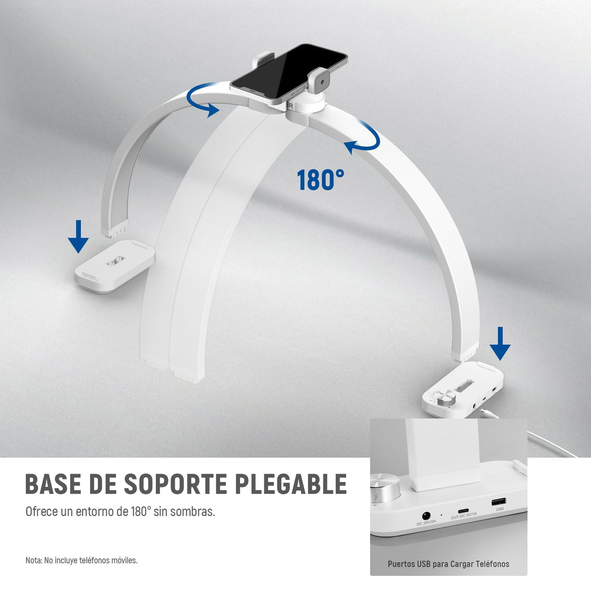NEEWER BÁSICO HM01-D - Lámpara de arco (29 pulgadas, LED, 40 W, media luna, 3000 K-6500 K, 3400 Lux/0,5 m, CRI95, carga USB, soporte para teléfono para manicura, maquillaje, belleza, tatuaje