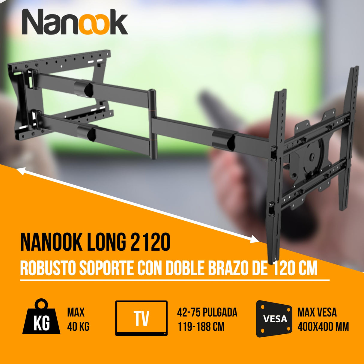 Nanook 2120 Soporte de Pared de Brazo Largo para televisores de 42 a 75 Pulgadas, Extensión Extra Larga de hasta 120 cm, Soporte de TV Que Permite Movimiento Completo, Soporta un Peso de hasta 40 kg