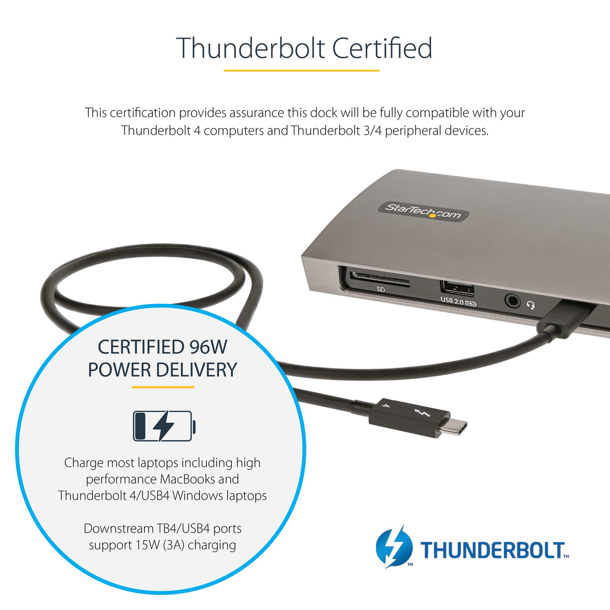 StarTech.com Docking Station Thunderbolt 4, PD de 96W, para 1 Monitor de 8K/para 2 Monitores de 4K 60Hz, 3xTB4/USB4, 4xUSB-A/SD/GbE, Replicador de Puertos Thunderbolt 4 para Win o Mac TB3 (TB4CDOCKUE)