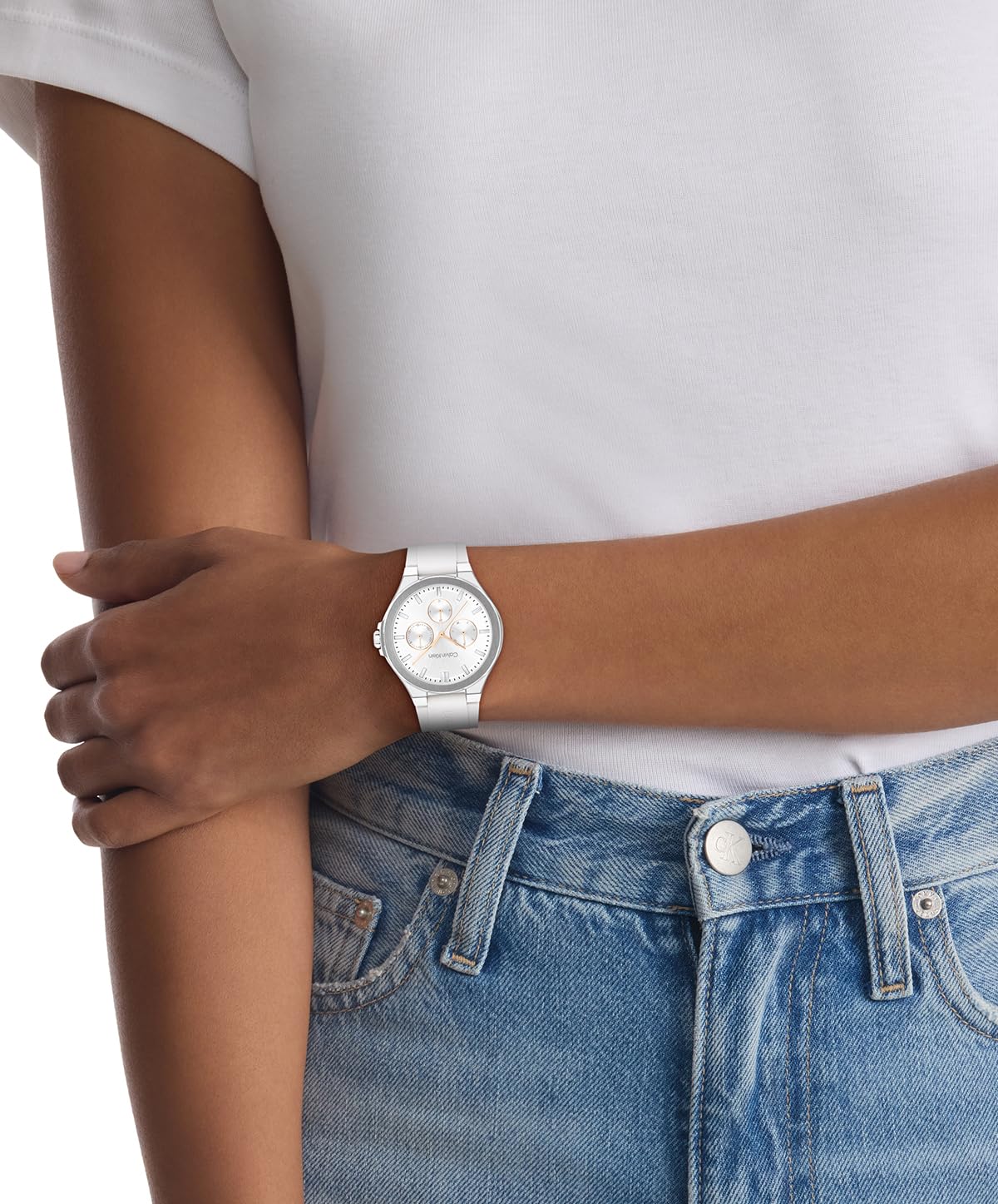 Calvin Klein Reloj Analógico de Cuarzo Multifunción para Mujer Colección Vibrancy con Correa de Silicona Blanca - 25100106