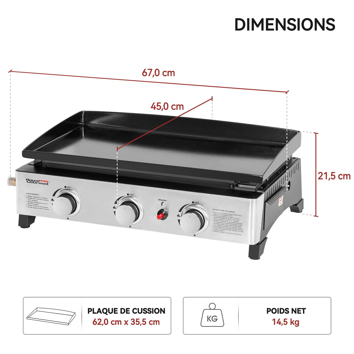 Royal Gourmet - Plancha de Gas de Acero esmaltado, 3 quemadores de Potencia 7,5 kW, Superficie de cocción 62,0 x 35,5 cm, portátil para Acampar y al Aire Libre