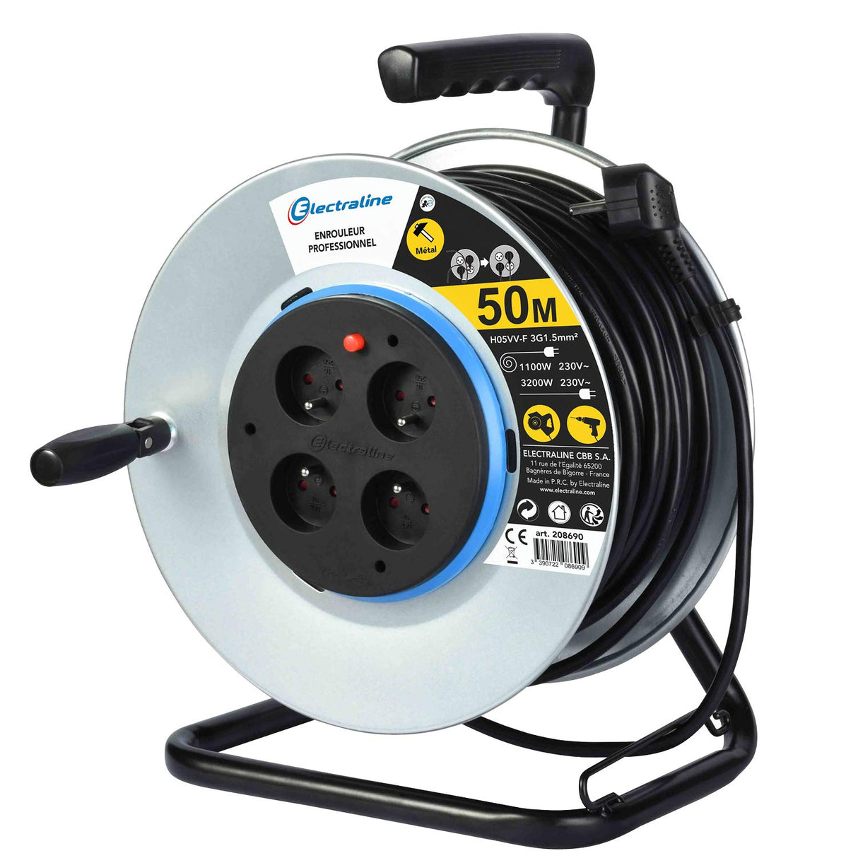 Electraline 208690 - Cable alargador metálico de 50 m con 4 tomas con guía de cable, platino fijo y mango ergonómico, color gris