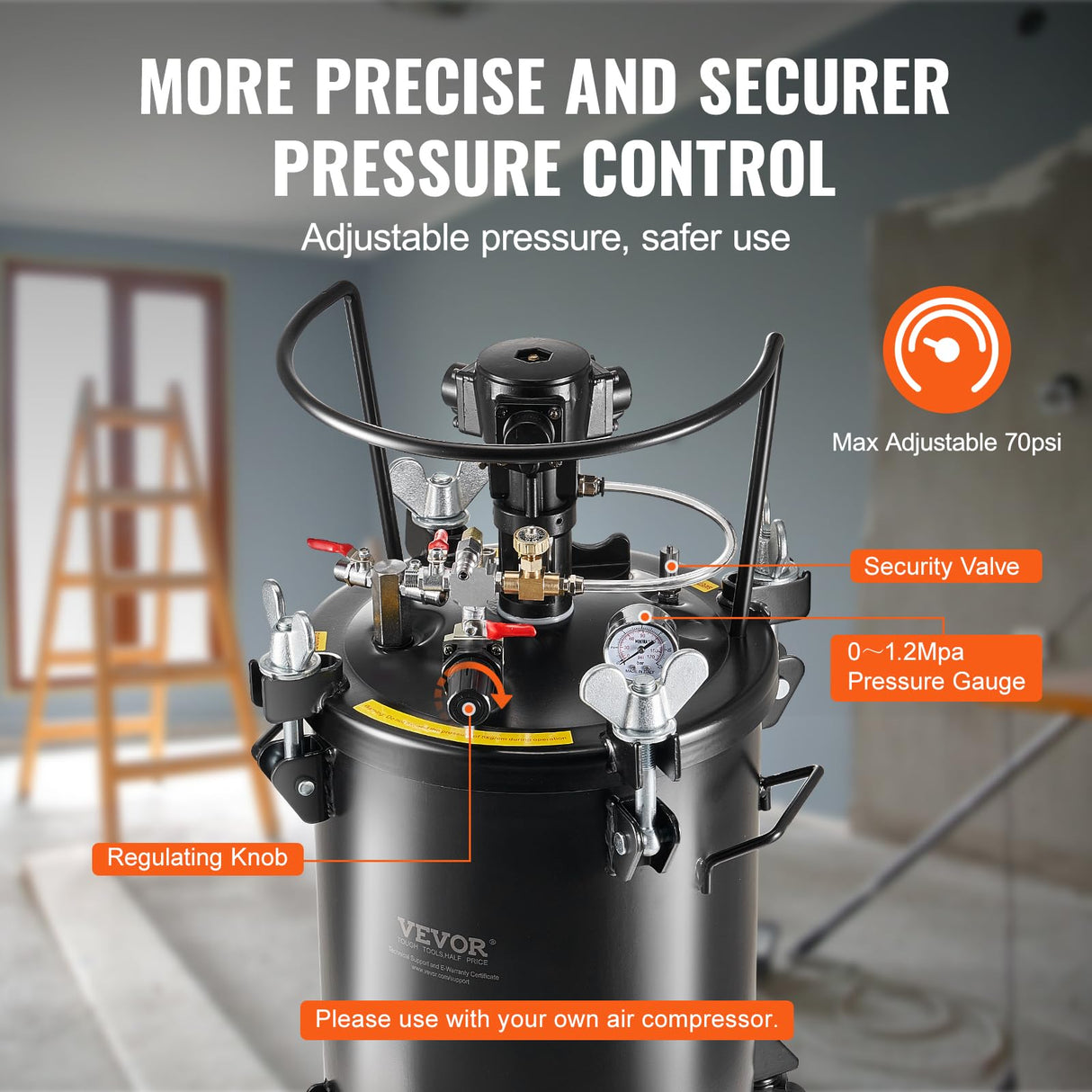 VEVOR Tanque a Presión para Pintura en Aerosol de Agitación Automática de 30 L Presión Ajustable de 70 PSI, Tanque de Pintura a Presión con Pistola Rociadora y Mangueras para la Decoración del Hogar