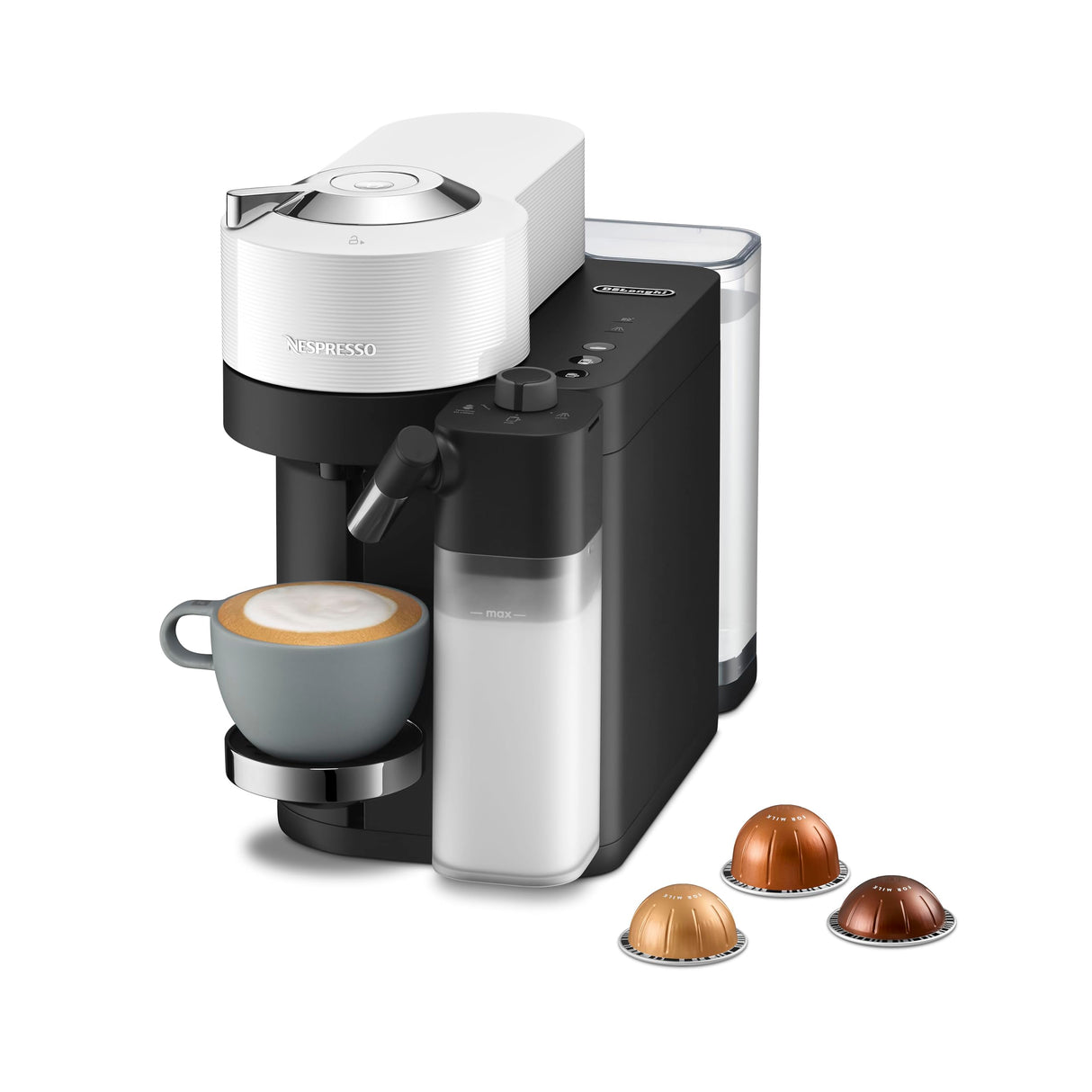 Nespresso De'Longhi Vertuo Lattissima ENV300.W, Máquina de Café Automática con Espumador de Leche Automático, Cafetera de Cápsulas de Servicio Individual, 5 Tamaños de Taza, 1500W, Blanco