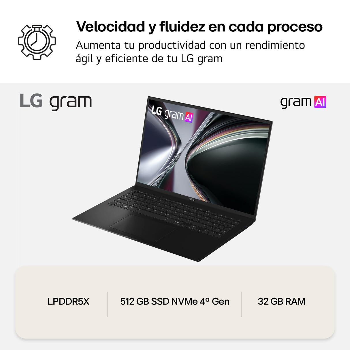 LG gram 16Z90TL-G.AU85BN - Ordenador Portátil Ultraligero de 16" Intel Core Ultra 7 258V, 32 GB RAM, 512 GB SSD, IPS Antirreflejo, 1239g, 28.5h, Windows 11, Teclado QWERTY Español, Negro Carbón