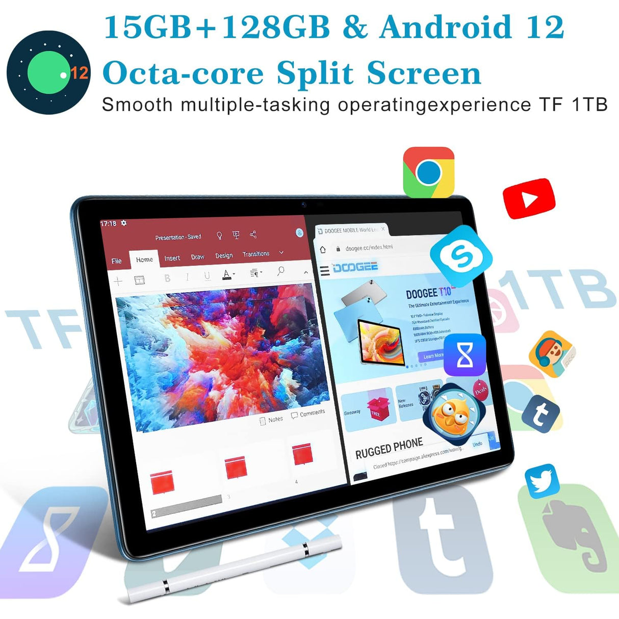 DOOGEE Tablet 10.1 Pulgadas, Tableta 15GB RAM 128GB ROM(1TB Expandible), Android 12 5G+2.4G WiFi |13MP+8MP |Pantalla HD IPS |8300mAh |Bluetooth 5.1| Bolígrafo Táctil Azul