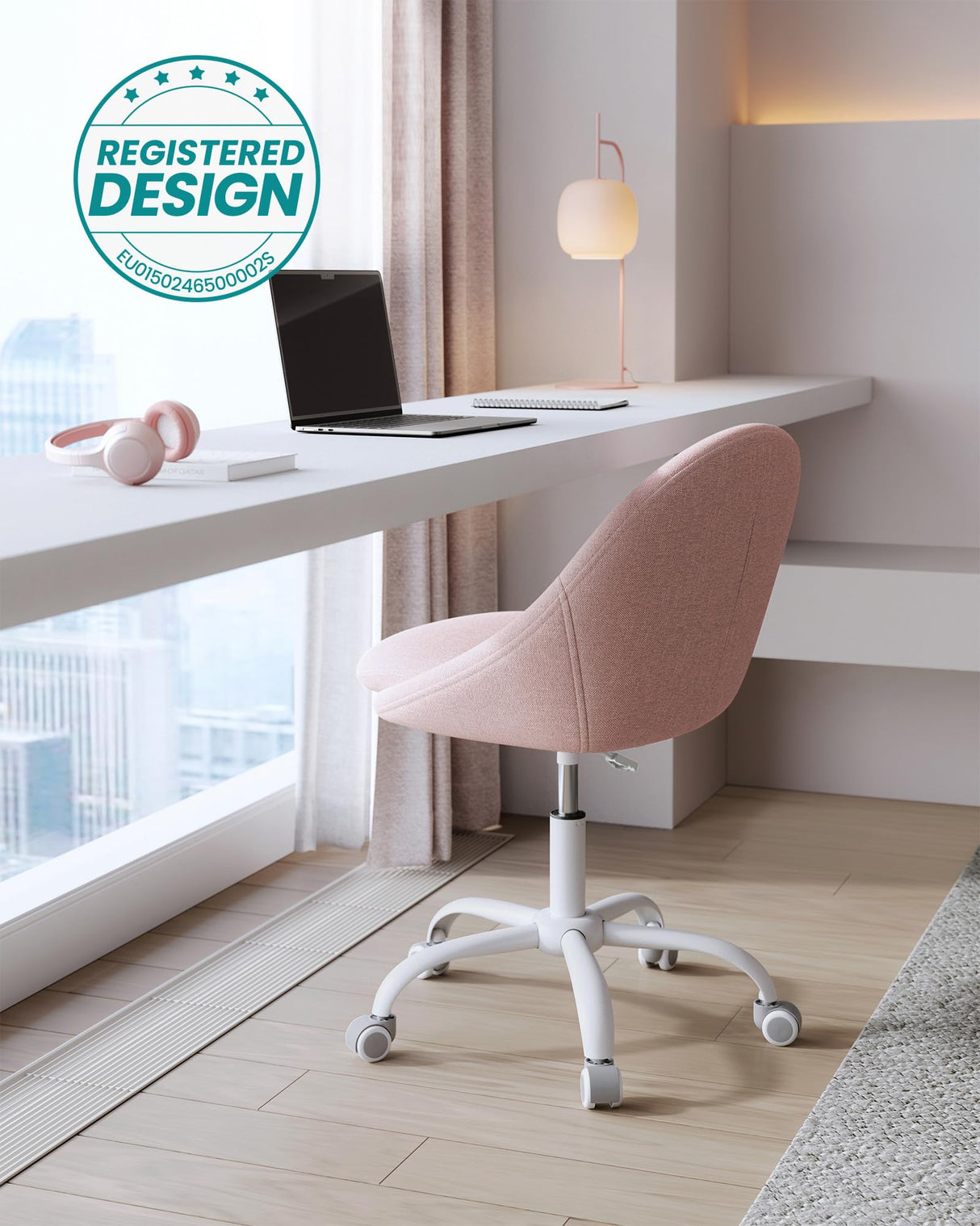 SONGMICS Silla de Oficina en Casa, Silla Giratoria de Algodón y Lino, Silla de Escritorio, Acolchada con Espuma, Altura Ajustable, para Estudio, Dormitorio, Rosa Jalea OBG020P01