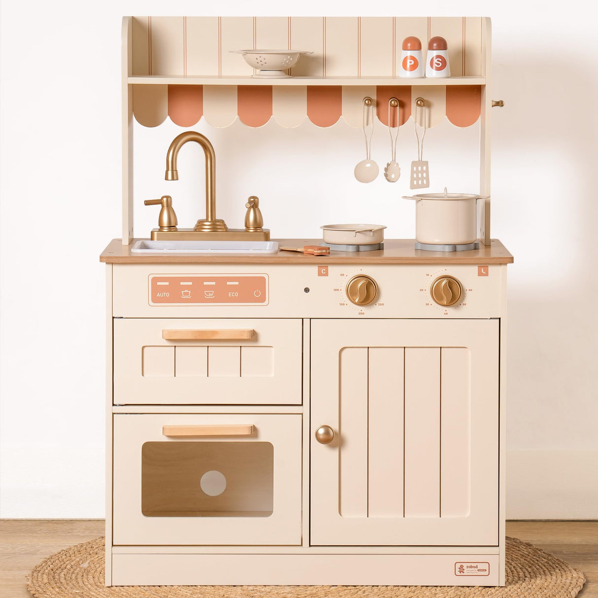 ROBUD Cocinas de Juegos de Madera para niños, con vajilla, ollas, ensaladera y Verduras. Adecuado para niños a Partir de 3 años