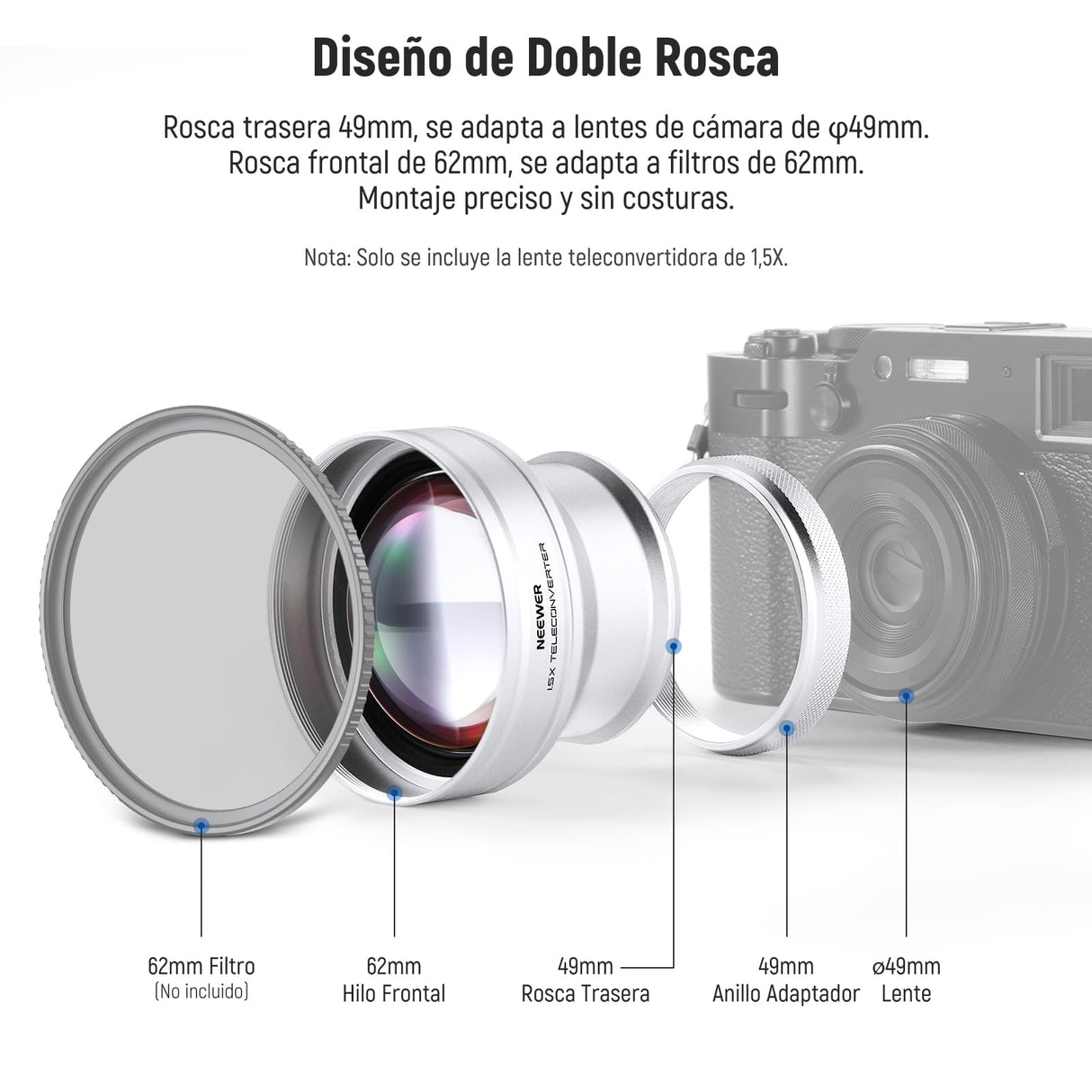 Neewer Teleconvertidor de Lente Adicional de 49 mm 1.5X, Compatible con cámaras Fujifilm X100 X100S X100F X100T X100V X100VI, Vidrio óptico HD, Multicapa, Plateado, LS-61