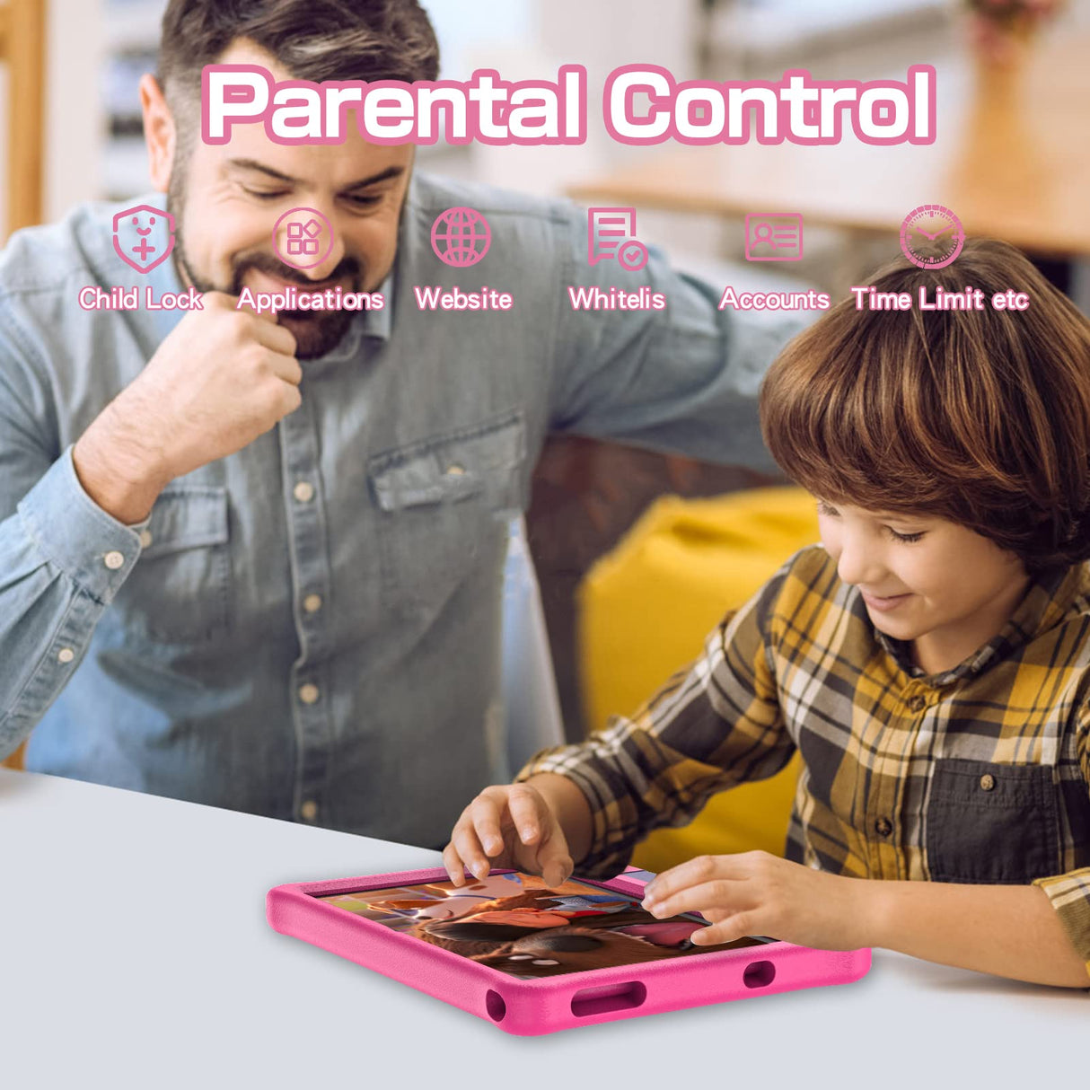 PRITOM Tableta Android 12 para niños, Pantalla IPS HD de 10'', 3GB+64GB, Software IWAWa Kids preinstalado, Control de Juegos educativos, Tableta WiFi con Estuche de Seguridad (Rosa)