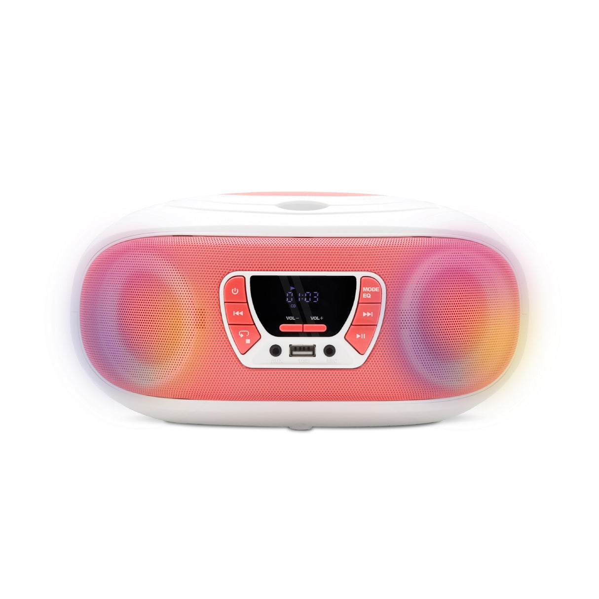 Mooov 477409 - Radio CD FM, Efectos Luminosos, función inalámbrica, USB, Pantalla LED, función Karaoke con Micro AUX-IN, Blanco y Rosa