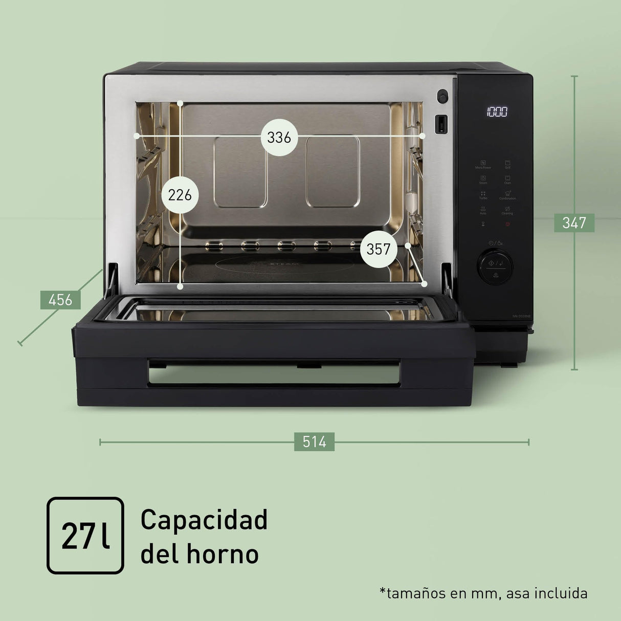 Panasonic NN-DS59NMETG Microondas Combi 4 en 1, Horno Grill, Superficie Plana, 27 Litros, 1000 W, Cocción En Dos Niveles, Sensor Genius, 32 Programas, Bandeja Para Grill, Limpieza Fácil, Negro