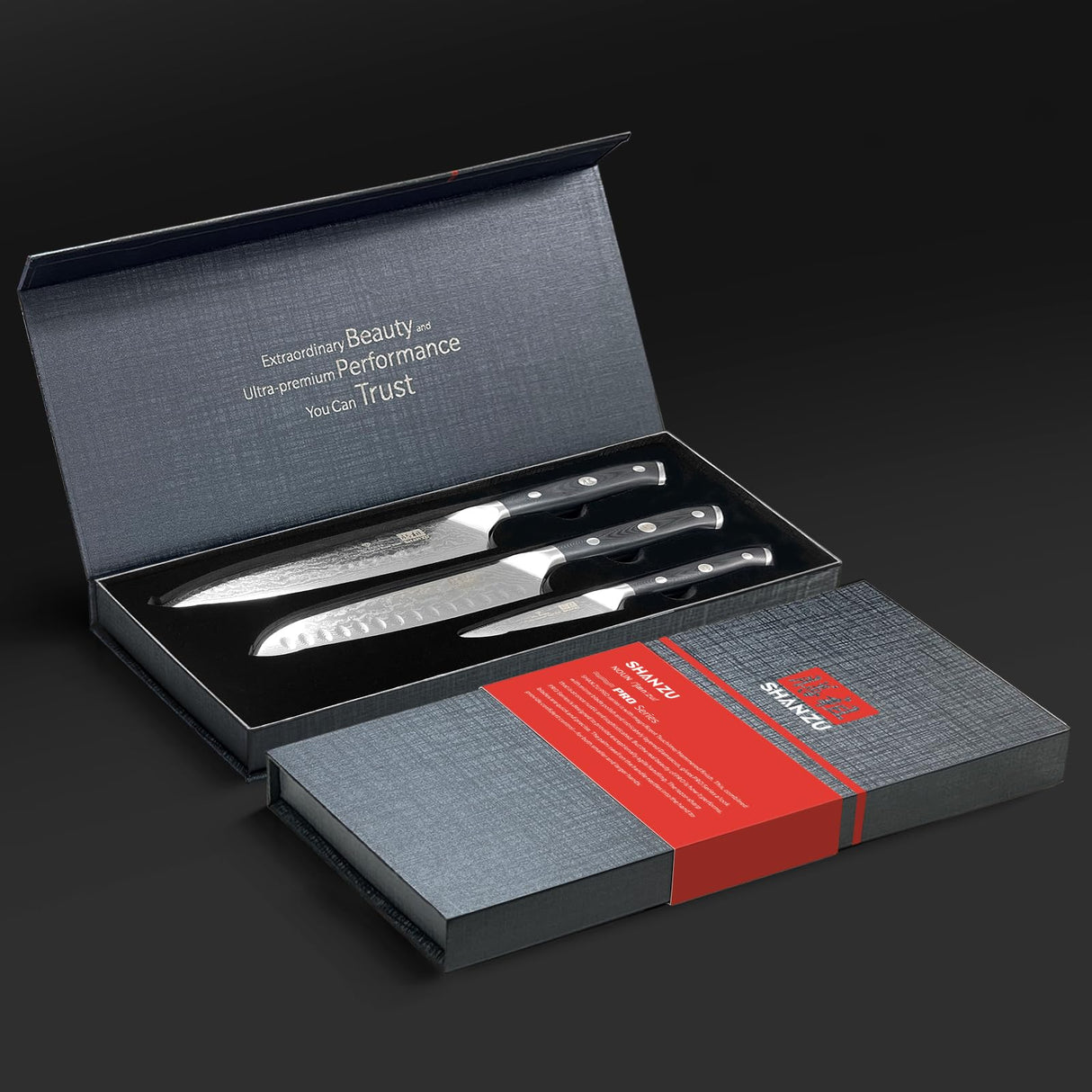 SHAN ZU 3 Piezas Juego de Cuchillo de Cocina Damasco, Set Cuchillo de Cocina Japones de Acero Damasco de 67 Capas, Cuchillo de Chef Cuchillo Santoku Cuchillo Pelador - PRO Series