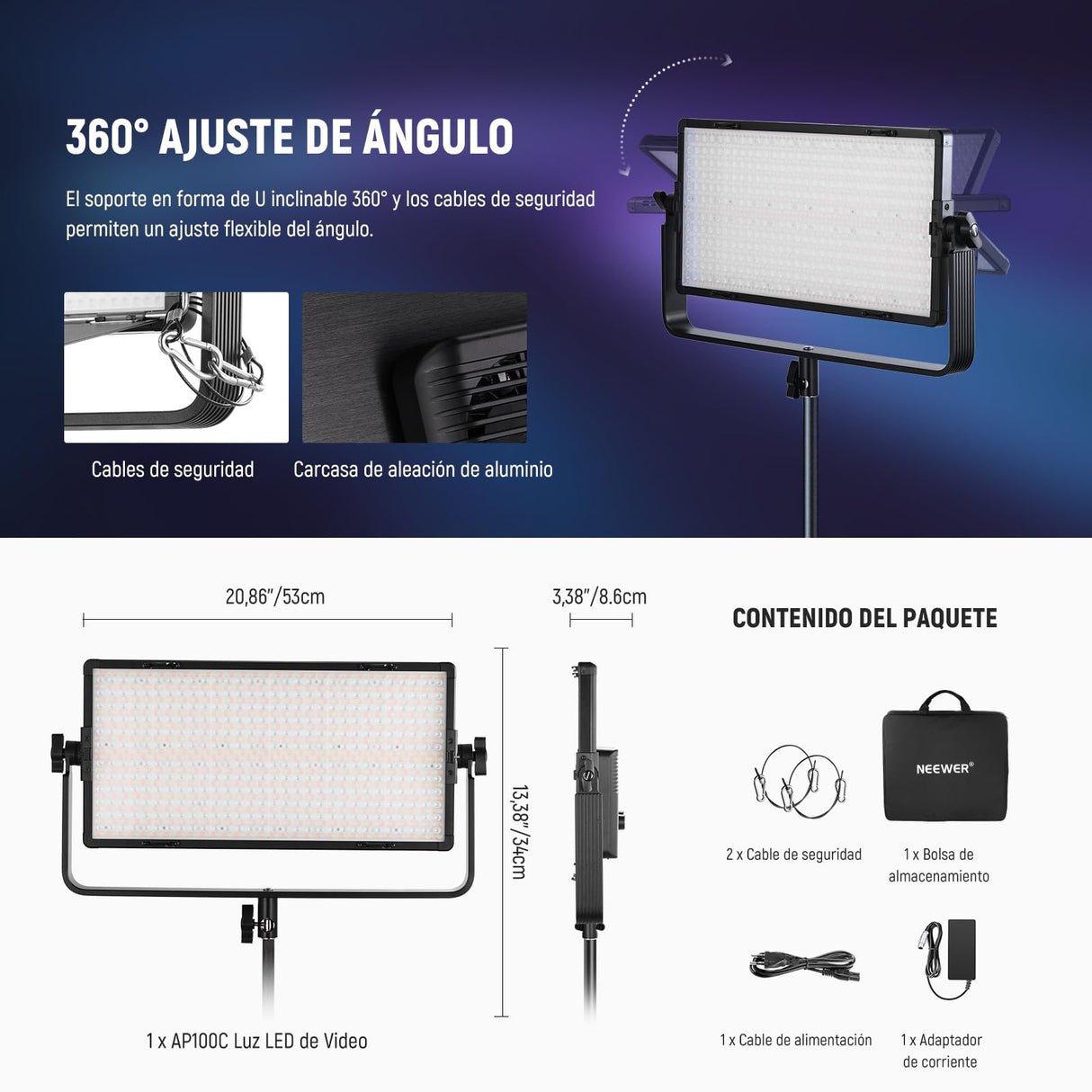 NEEWER 105W RGB LED Panel Luz Video Kit con Puertas Granero, 1200 LED 31500Lux@0,5m 2500K-10000K CRI96+/TLCI97+ Regulable, App/2,4G/Panel/Control DMX, Iluminación Grabación Fotografía Estudio, AP100C
