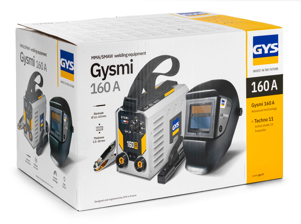GYS, GYSMI 160A, estación de soldadura de electrodo recubierto 160A monofásico 230V (MMA), arco fuerza, antisticking, Hot Start, con máscara LCD TECHNO 11, portaelectrodos, cable de masa