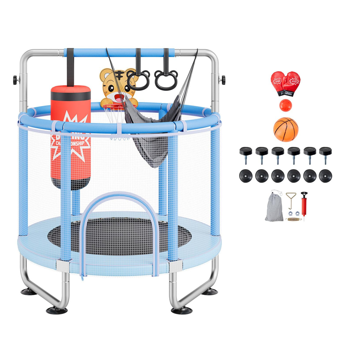 VEVOR Trampolín para Niños para Interior y Exterior, Minitrampolín Recreativo para Niños Pequeños con Red de Seguridad y Aro de Baloncesto, para Niños de Más de 3 Años, 1470 x (1540-1690) mm Azul