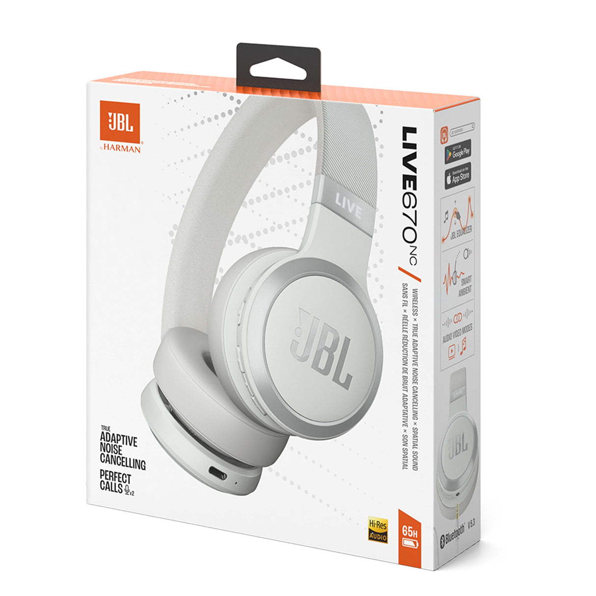 JBL Auriculares inalámbricos circumaurales Live 670 NC, con tecnología Bluetooth y cancelación adaptativa de ruido, hasta 65 horas de reproducción, blanco