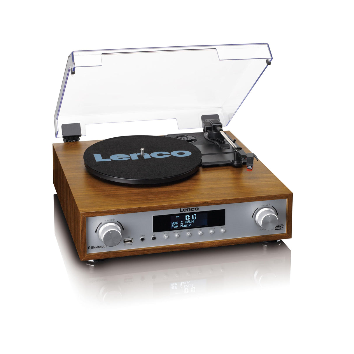 Lenco MC-160WD Equipo de música con Tocadiscos – Radio Dab+/FM, Bluetooth 5.0, conversión de Vinilo a MP3 por USB, tracción por Correa, 3 velocidades, Altavoces de Madera 2x10W, Mando a Distancia
