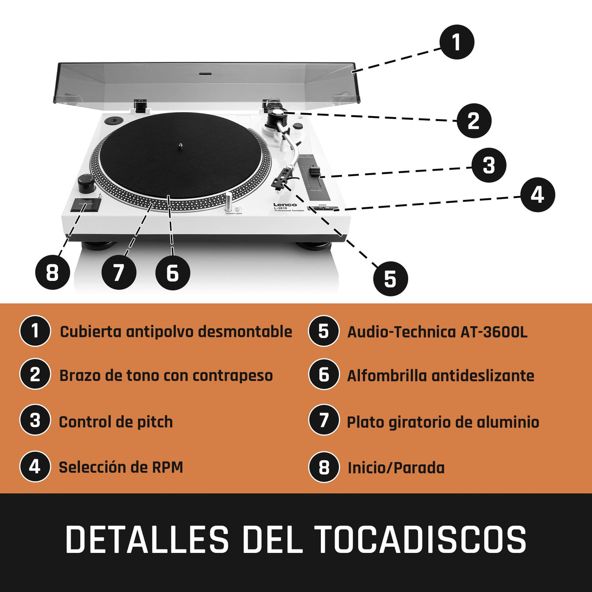 Lenco L-3810WH - Tocadiscos de accionamiento Directo - Control de Tono - Codificación USB/PC - Blanco
