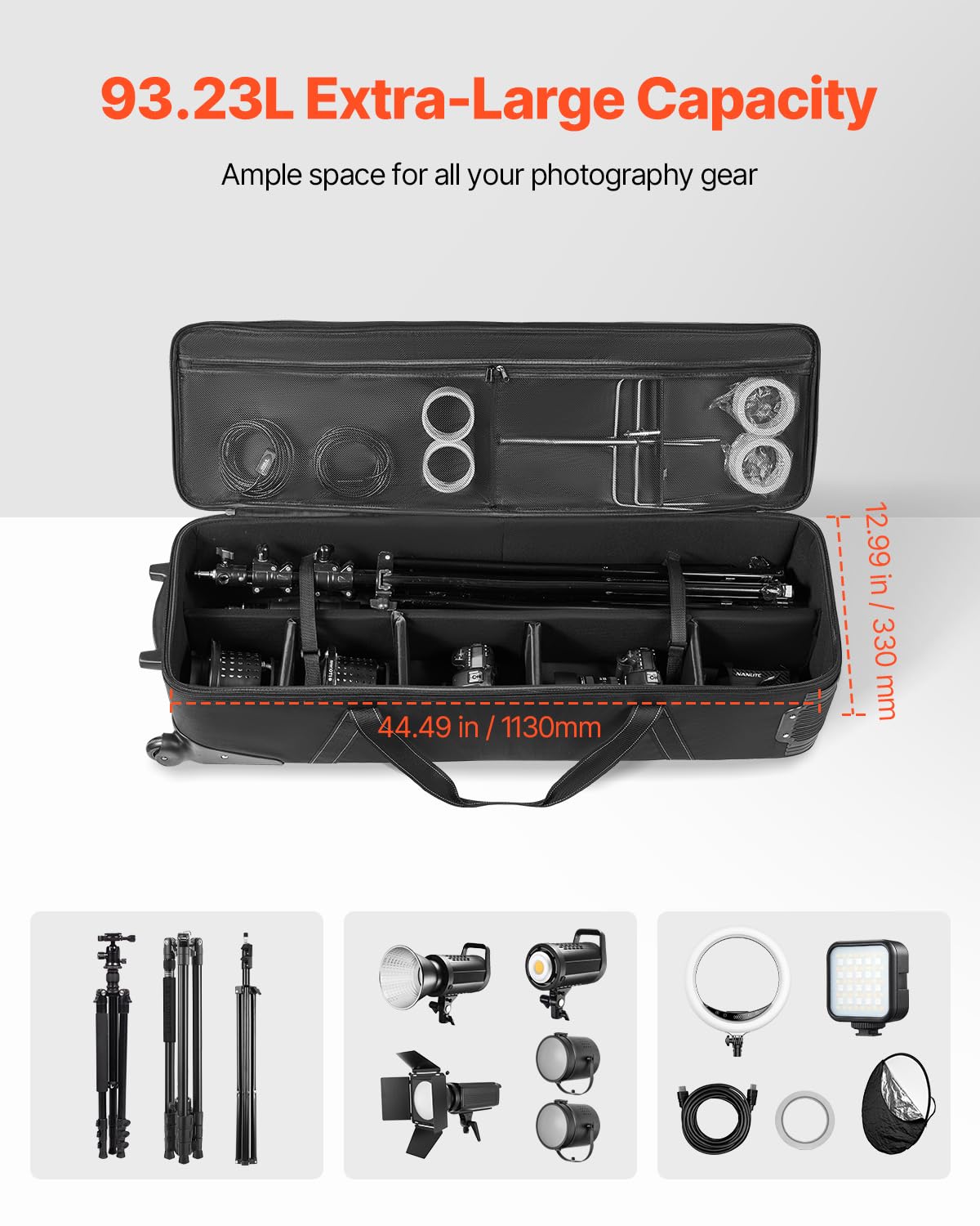 VEVOR Estuche con Ruedas para Equipo de Estudio 118 x 37 x 30 cm, Bolsa con Ruedas para Cámara, Correas, Asa Acolchada en el Compartimento para Soportes de Iluminación, Trípodes y Telescopios, Negro