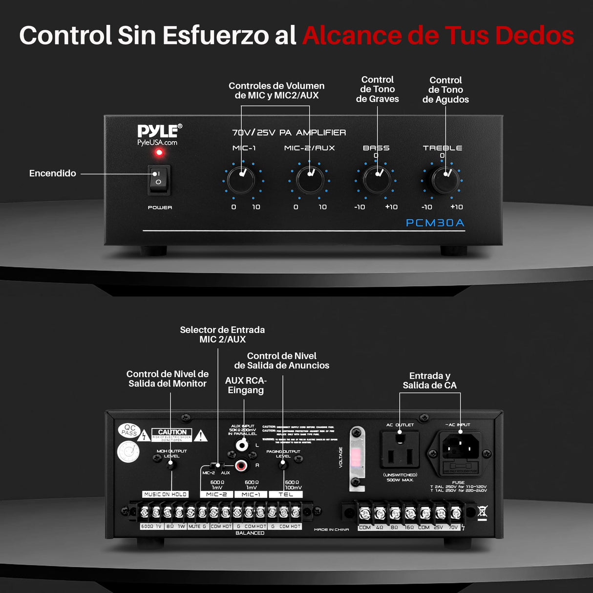 Pyle Mini Amplificador de Potencia, Compacto, Estereo, Potencia Maxima de 60V, RCA, 2 entradas de microfono, Salidas de 25/70 V, LED, Selector de Entrada para PA