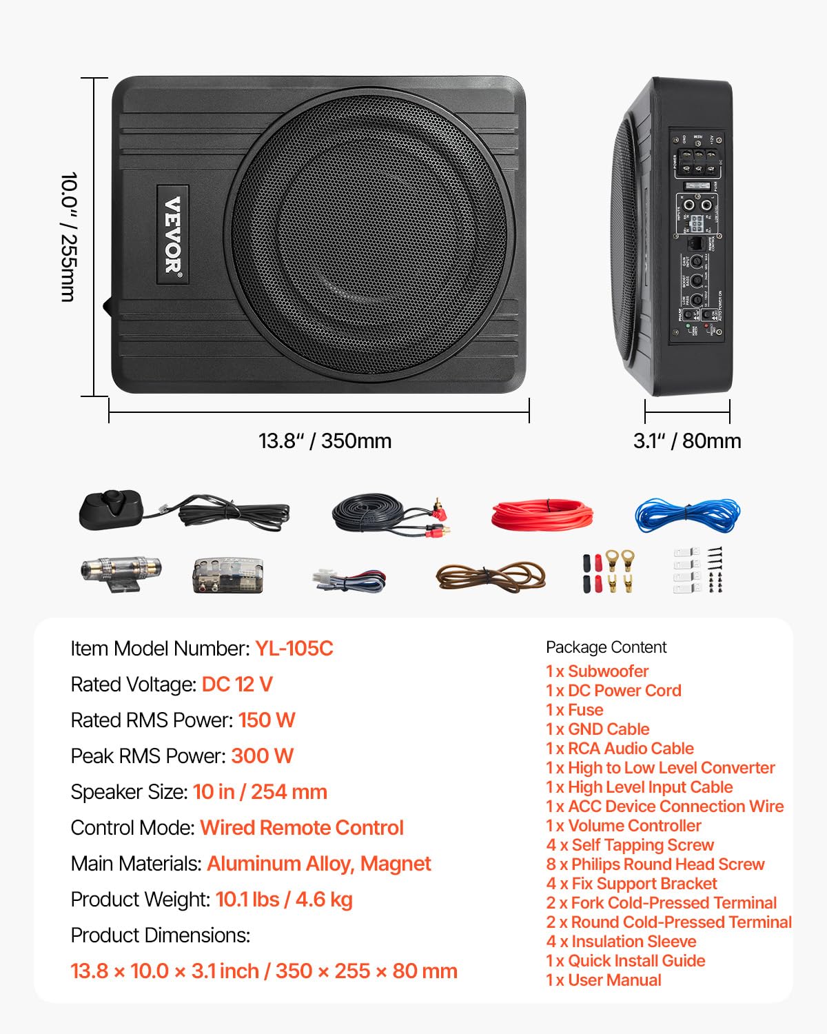 VEVOR Subwoofer para Debajo del Asiento para Automóvil 254 mm 300 W Altavoz Compacto para Coche Amplificador Incorporado Entrada Bajo Controlador de Volumen Control Remoto con Cable
