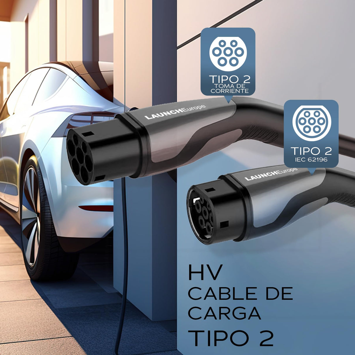 Launch Cable de Carga Tipo 2-22kW 7M 32A para Coche eléctrico, Ideal para EV/PHEV Tipo 2 a Tipo 2, 3 Fases, IP55, con Bolsa de Transporte. Compatible con vehículos T-Mode y E-Golf.