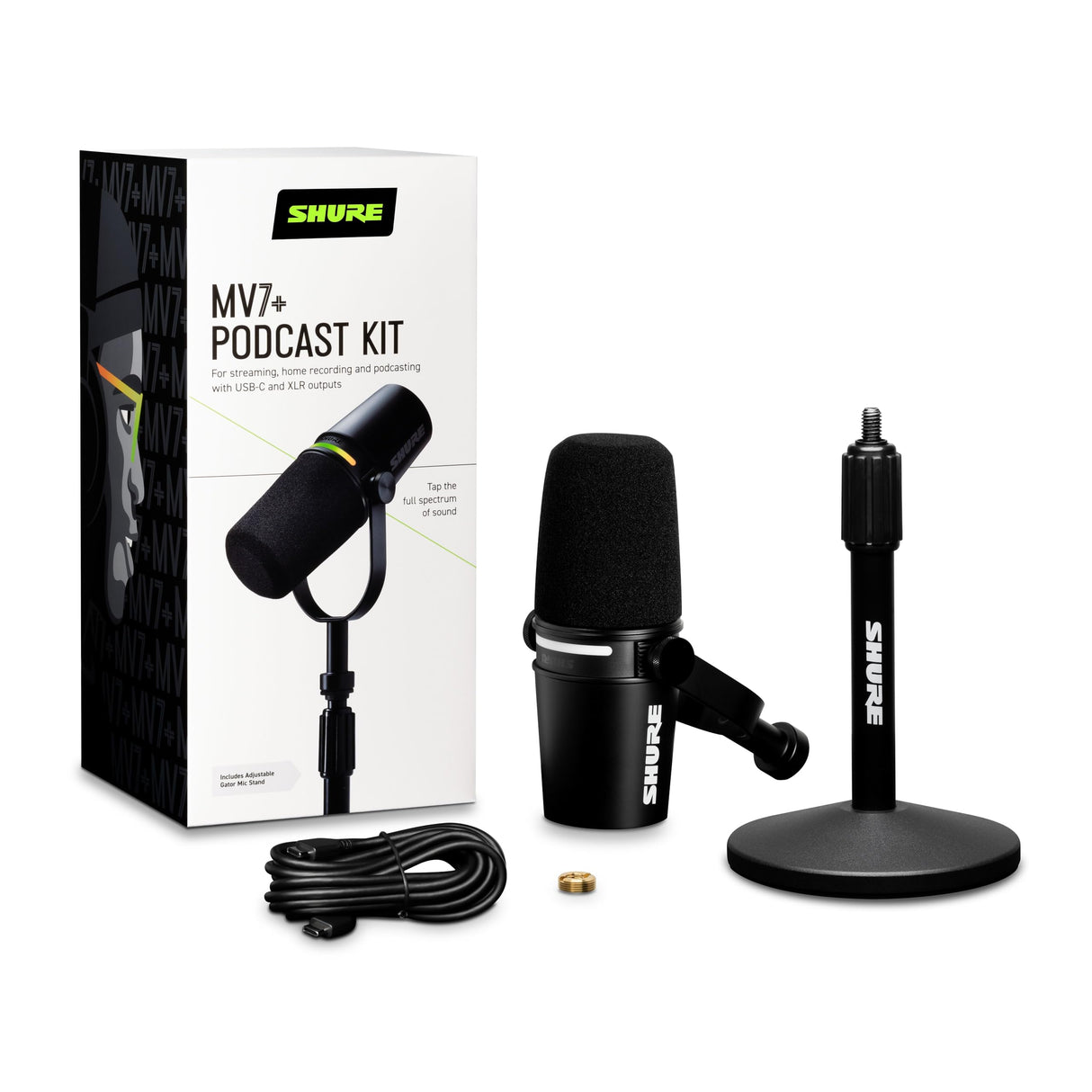 Shure MV7+ Micrófono para Podcast con Soporte de micrófono-Audio Mejorado, Panel táctil LED, Salidas USB-C y XLR, Modo de nivelación automática, Filtro Pop Digital, Efectos de reverberación - Negro