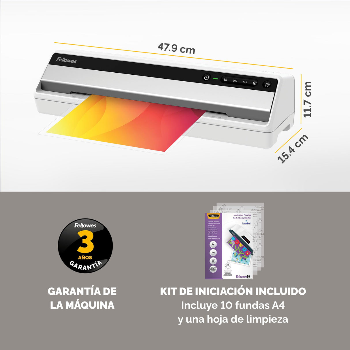 Fellowes Plastificadora Saturn A3 Pequeña Oficina – InstaHeat, lista en 60 segundos, sin atascos, apagado automático – Para fundas de 80/100/125 micras – Incluye 10 fundas – Uso en casa y oficina