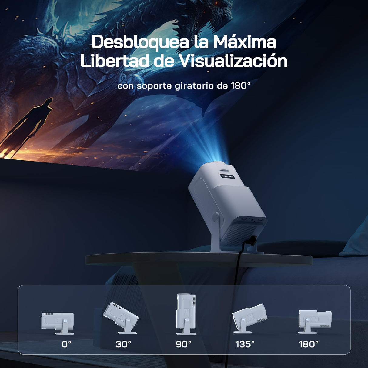 WOLFANG 4K Proyector Portátil【App Integrada/Netflix Oficial】, 26000 Lúmenes Mini Proyector con WiFi 6, 50% Zoom, 180° Rotation Projector Portable para Home Cinema/TV Stick/iOS/Android/PC/PS5/HDMI/AV