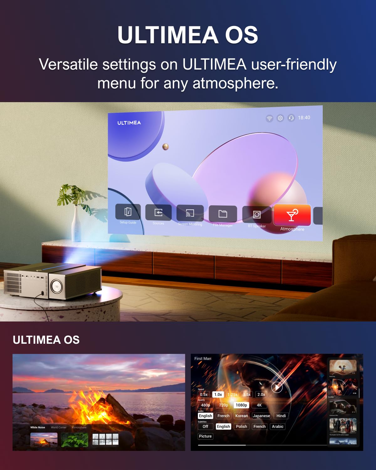 ULTIMEA Proyector 4K Soporte Cine en Casa con 900 ANSI, Vídeo Proyector 1080P Nativo con Evitación de Objetos/6D Keystone, 30 W Altavoz, Proyector WiFi Bluetooth 5,3 para Sala de Estar, Apollo P60