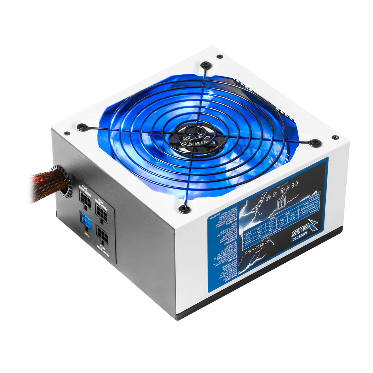 MARSGAMING MPZE750 - Fuente de alimentación gaming para PC (750 W, 80 plus silver, PFC activo, modular, 10 sistemas de protección, iluminación LED, ventilador 14 cm), color blanco