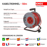 EMOS - Tambor de Cable de 50m - 4 enchufes Schuko - 230 V, 16 A, 3680 W - Aislamiento PVC H05VV-F3G 1,5 mm2 - Protección contra sobrecalentamiento - IP20 para Interiores