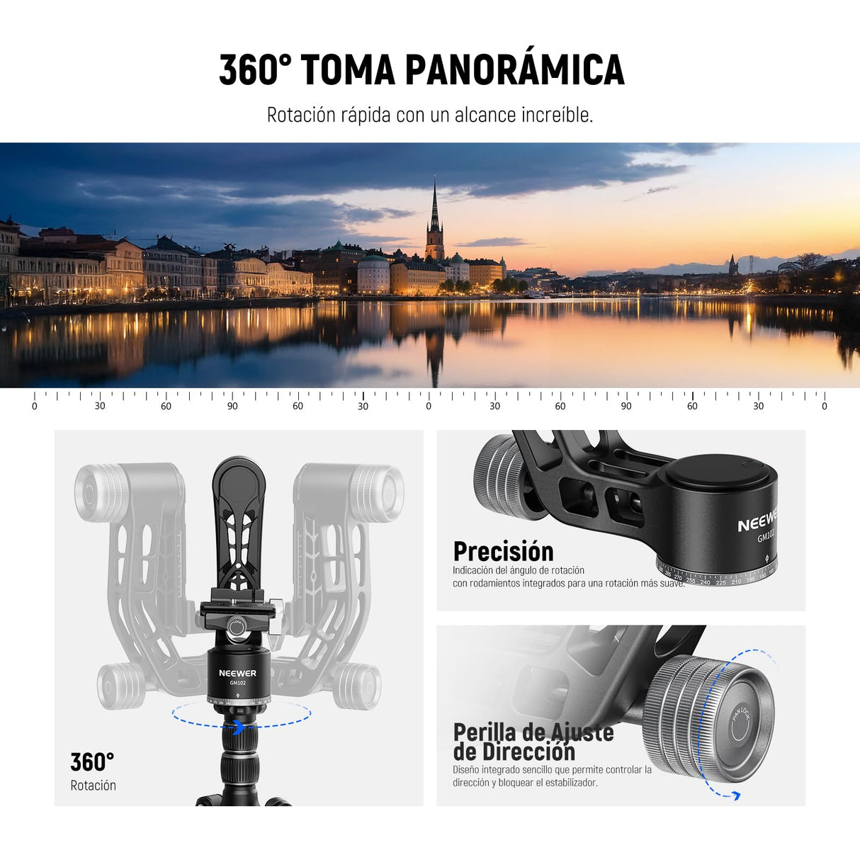 NEEWER GM102 Cabezal Gimbal para Trípode Monópode Teleobjetivos, 360° Cabezal Trípode Cámara Panorámica, Ajuste 3 Ejes, Aleación Aluminio CNC Resistente, Liberación Rápida Tipo Arca, Carga Máx 15kg